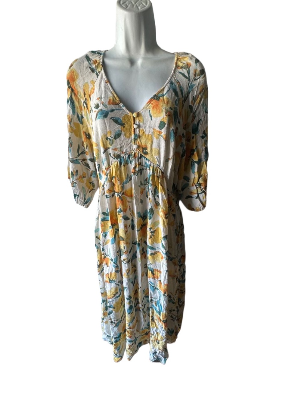 Gap Maternity Floral Midi Dress Size S Yellow Teal Balloon Sleeve Boho Style